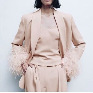 Zara Blogger Favorite Blush Pink Ostrich Feather Cuff oversized Blazer small